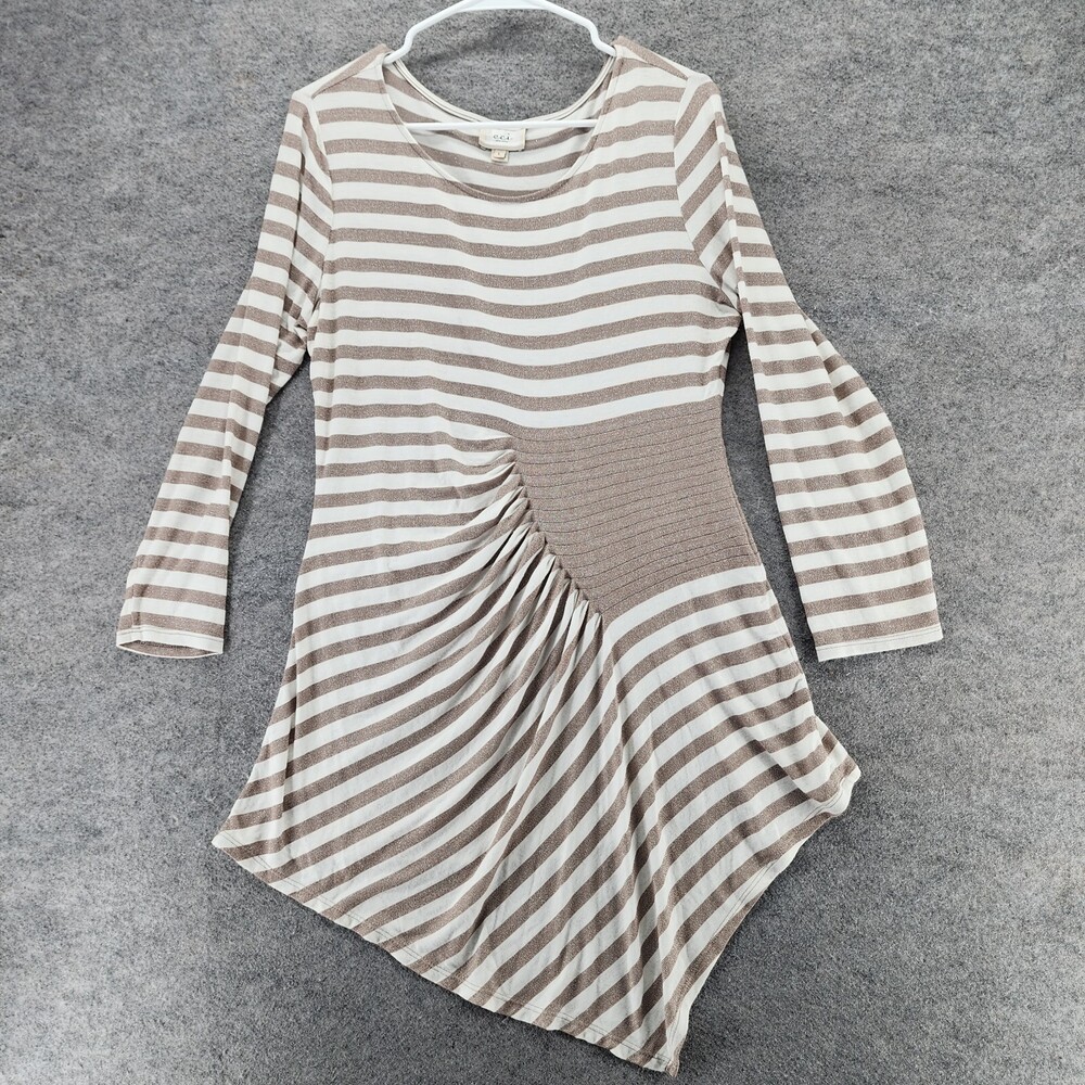 ECI New York Dress Womens Large Long Sleeve White Brown Striped Mini